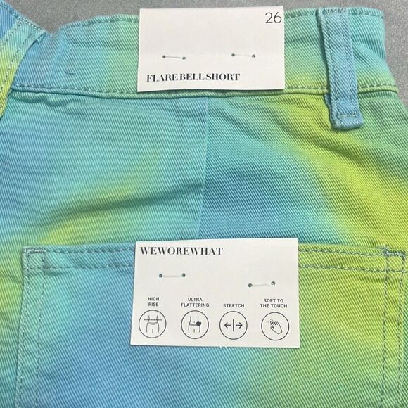 Weworewhat Womens 26 Flare Bell Denim Shorts Blue Green Tie Dye Stretch NWT - Picture 7 of 10